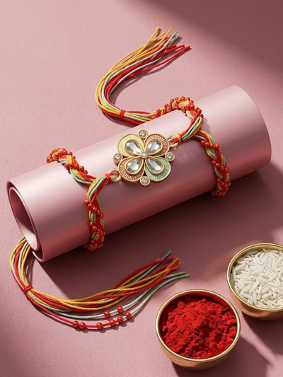 Dhiyona Traditional Artificial Stones Thread Rakhi With Roli Chawal Chandan Mishri