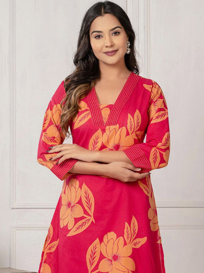 Indyancart IE Floral Printed V-Neck Pure Cotton Tunic & Palazzos