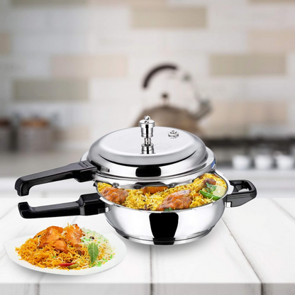 Vinod 18/8 Stainless Steel Outer Lid Sandwich Bottom Deep Pan Pressure Cooker