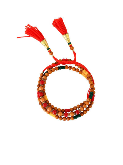 Indyancart Red Stone Studded & Beaded Thread Rakhi With Roli Chawal With Greeting Card