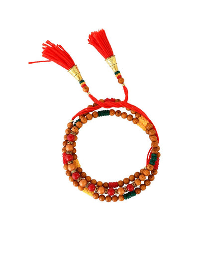 Anouk Red Stone Studded & Beaded Thread Rakhi With Roli Chawal With Greeting Card