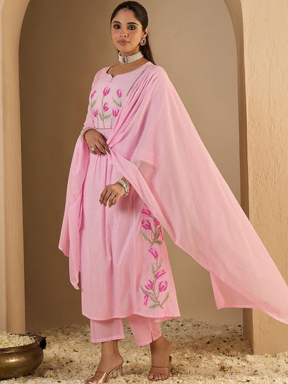 Women Floral Embroidered Empire Thread Work Pure Cotton Kurta with Trousers & With Dupatta