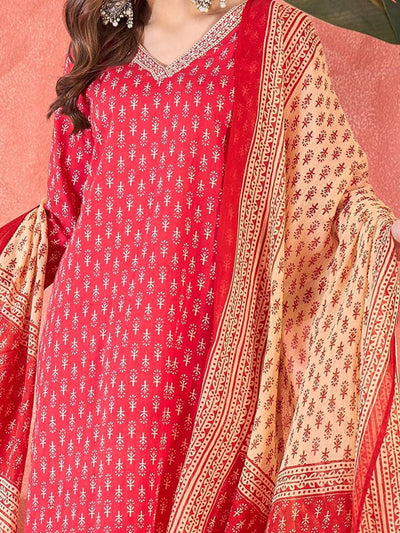 Indyancart SN Women's SangriaFloral Printed V Neck Pure Cotton Kurta With Trousers & Dupatta