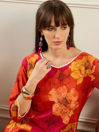 Floral Printed V-Neck Pure Cotton Straight Kurta With Trousers