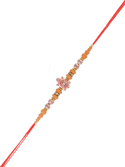 Anouk Red Stone Studded & Beaded Tortoise Charm Thread Rakhi With Roli Chawal