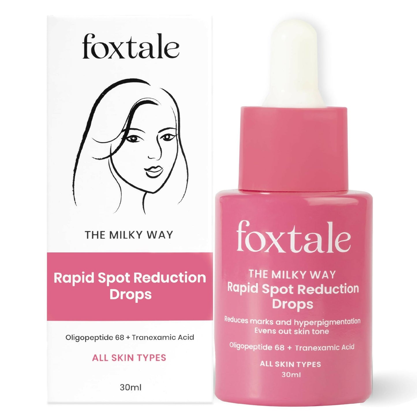 Foxtale Milky Way serum with Tranexamic Acid and Niacinamide for reducing marks, hyperpigmentation, and evening skin tone.