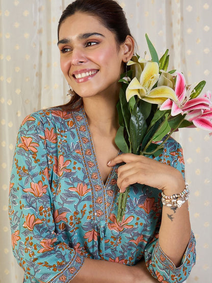 Indyancart IE Printed Pure Cotton V-Neck Top With Trousers Co-Ords