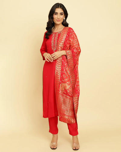 Indyancart VR Women's Burgundy Embroidered Kurta Paired With Dupatta And Sharara