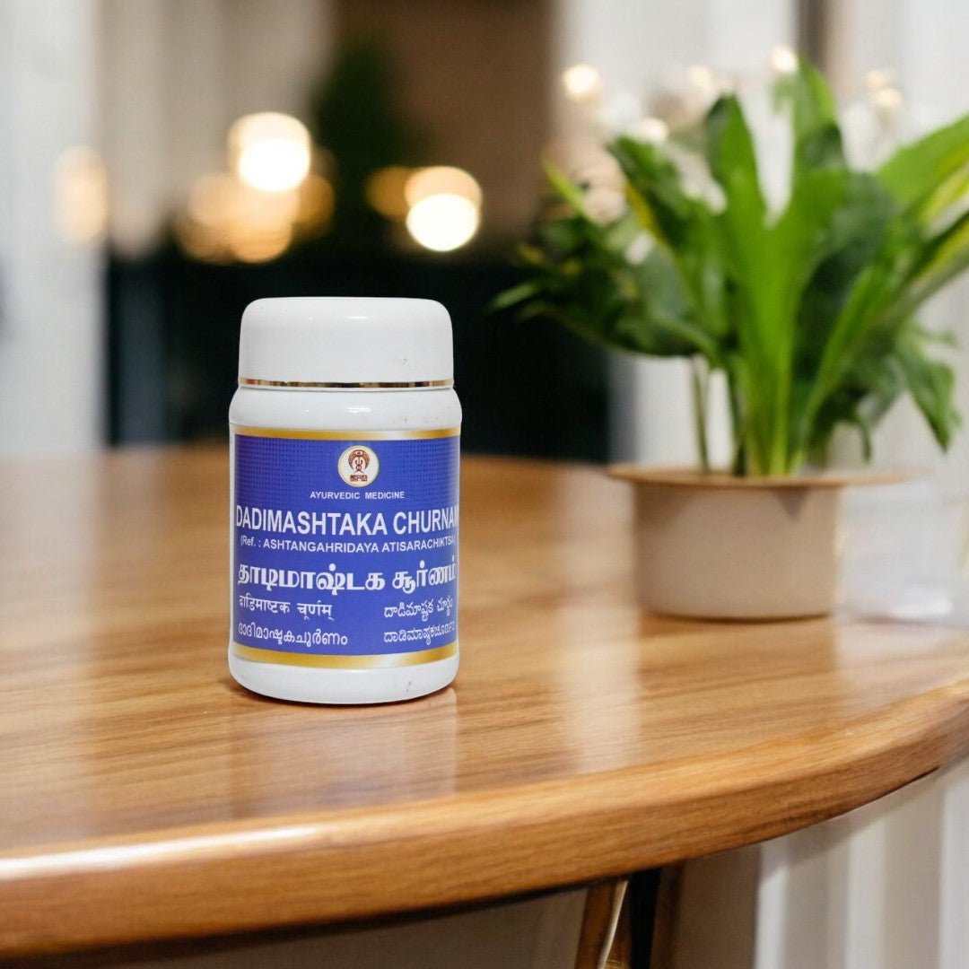 Impcops Dadimashtaka Churnam Ayurvedic herbal powder in a glass bowl, with dried herbs and ingredients around it.