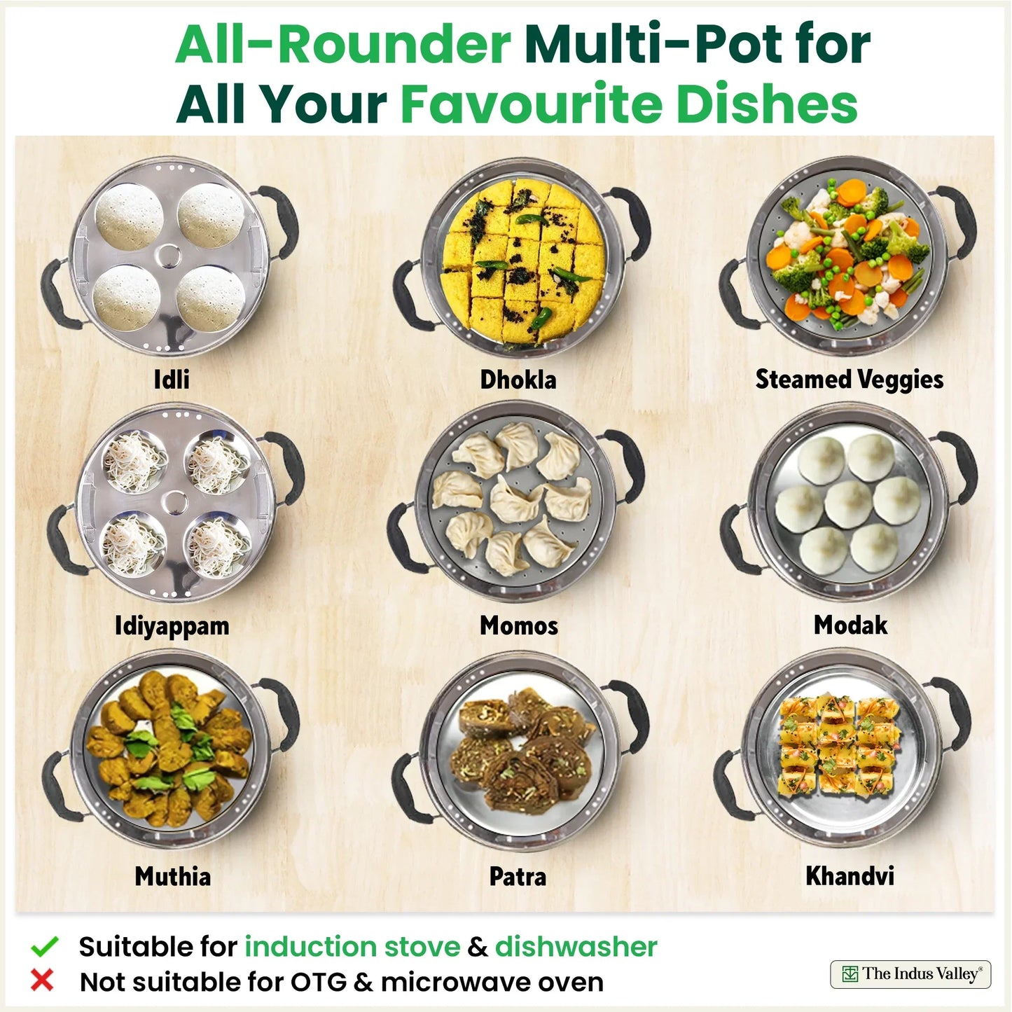 The Indus Valley 8 Pit Tri-Steel Multi Pot stainless steel handi with 5 plates for steaming idli, dhokla, momos, and vegetables.