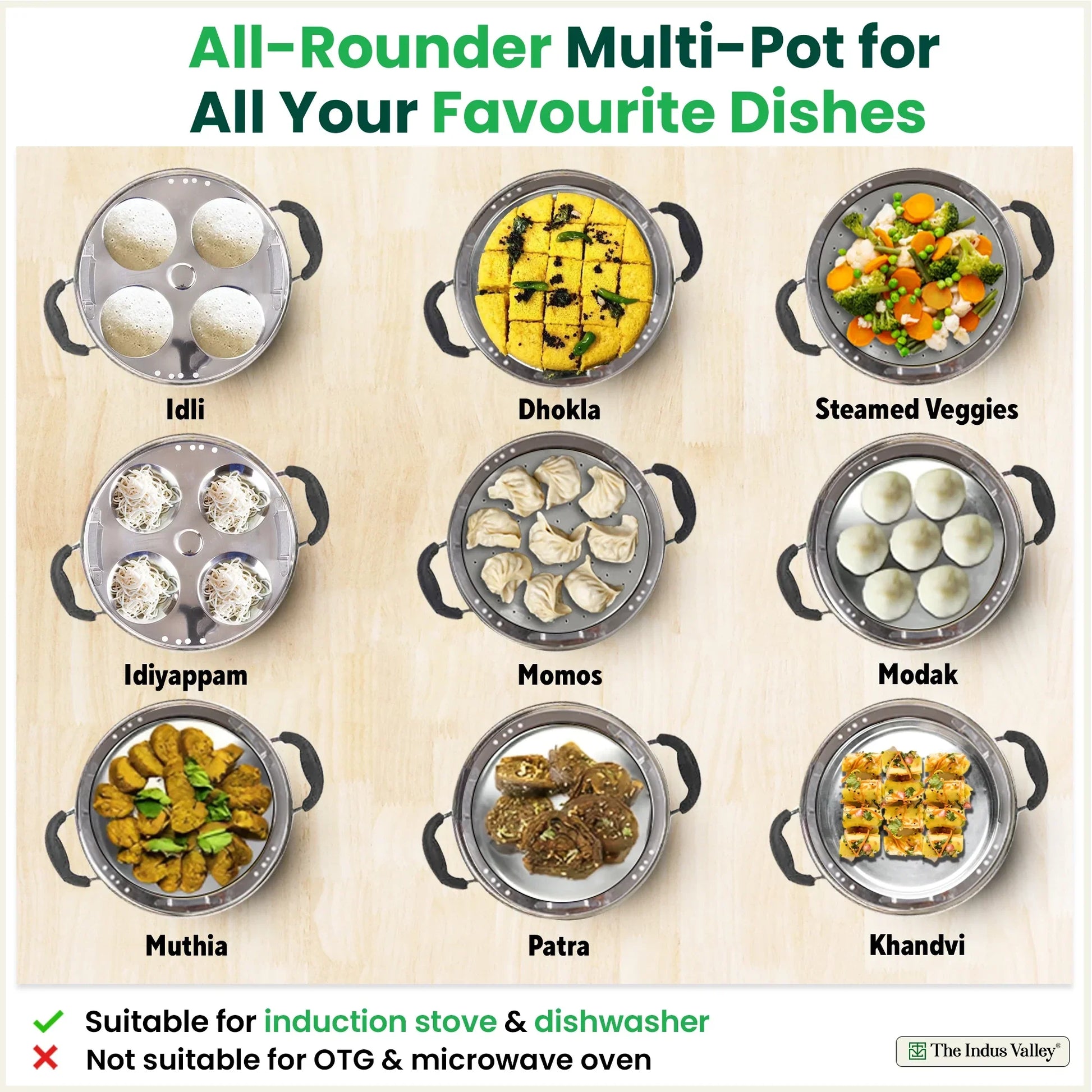The Indus Valley 8 Pit Tri-Steel Multi Pot stainless steel handi with 5 plates for steaming idli, dhokla, momos, and vegetables.