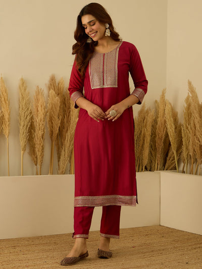 Indyancart VV VredeVogel Red Viscose Rayon Embroidered with Sequins Straight Kurta Set with Trousers & Dupatta