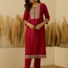 Dhiyona VV VredeVogel Red Viscose Rayon Embroidered with Sequins Straight Kurta Set with Trousers & Dupatta
