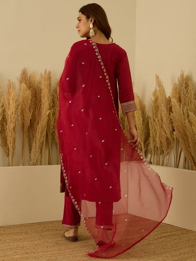 Indyancart VV VredeVogel Red Viscose Rayon Embroidered with Sequins Straight Kurta Set with Trousers & Dupatta