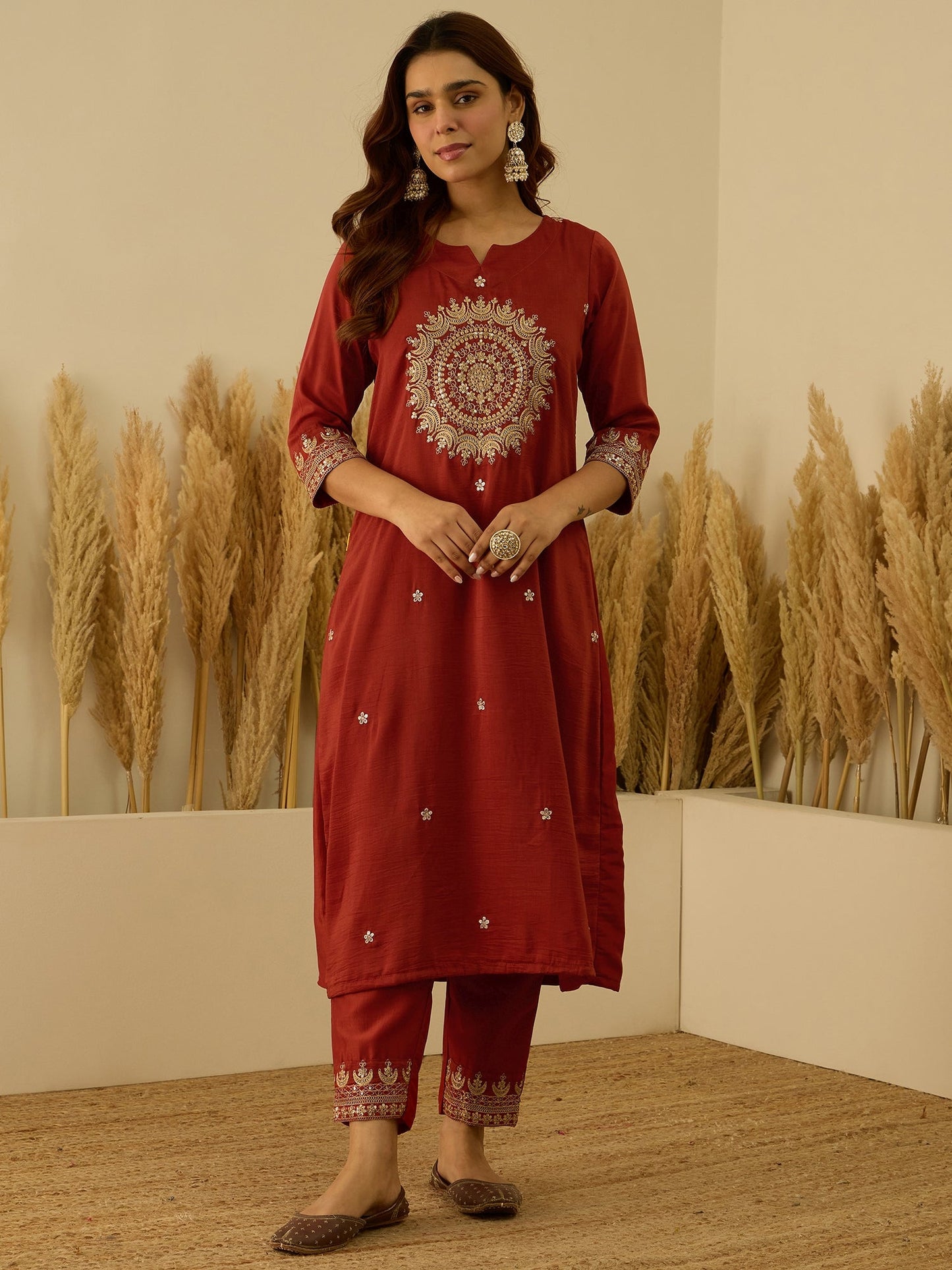Dhiyona VV Eira Peach Women Kurta and Pant Dupatta Sets Silk Blend Fabrics with Embroidery Handwork