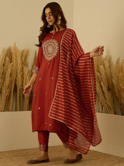 Indyancart VV Eira Peach Women Kurta and Pant Dupatta Sets Silk Blend Fabrics with Embroidery Handwork