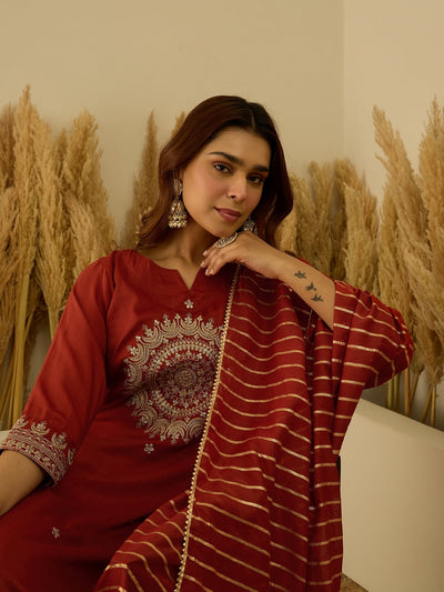 Indyancart VV Eira Peach Women Kurta and Pant Dupatta Sets Silk Blend Fabrics with Embroidery Handwork