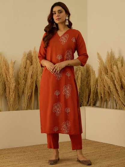 Dhiyona VV Tridha Rust Yoke Design Silk Blend Straight Suit With Dupatta