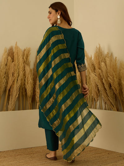 Indyancart VV Myraa Teal Women Kurta and Pant Dupatta Sets Chanderi Silk Fabrics with Embroidery