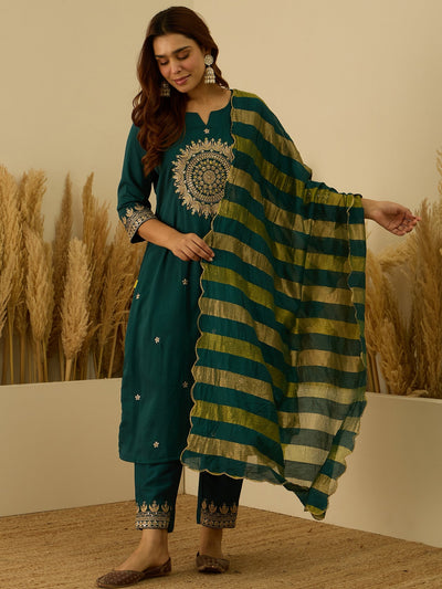 Indyancart VV Myraa Teal Women Kurta and Pant Dupatta Sets Chanderi Silk Fabrics with Embroidery