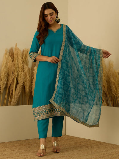 Indyancart VV Prakriti Rama Kurta and Pant Dupatta Sets Silk Blend Fabrics with Embroidery