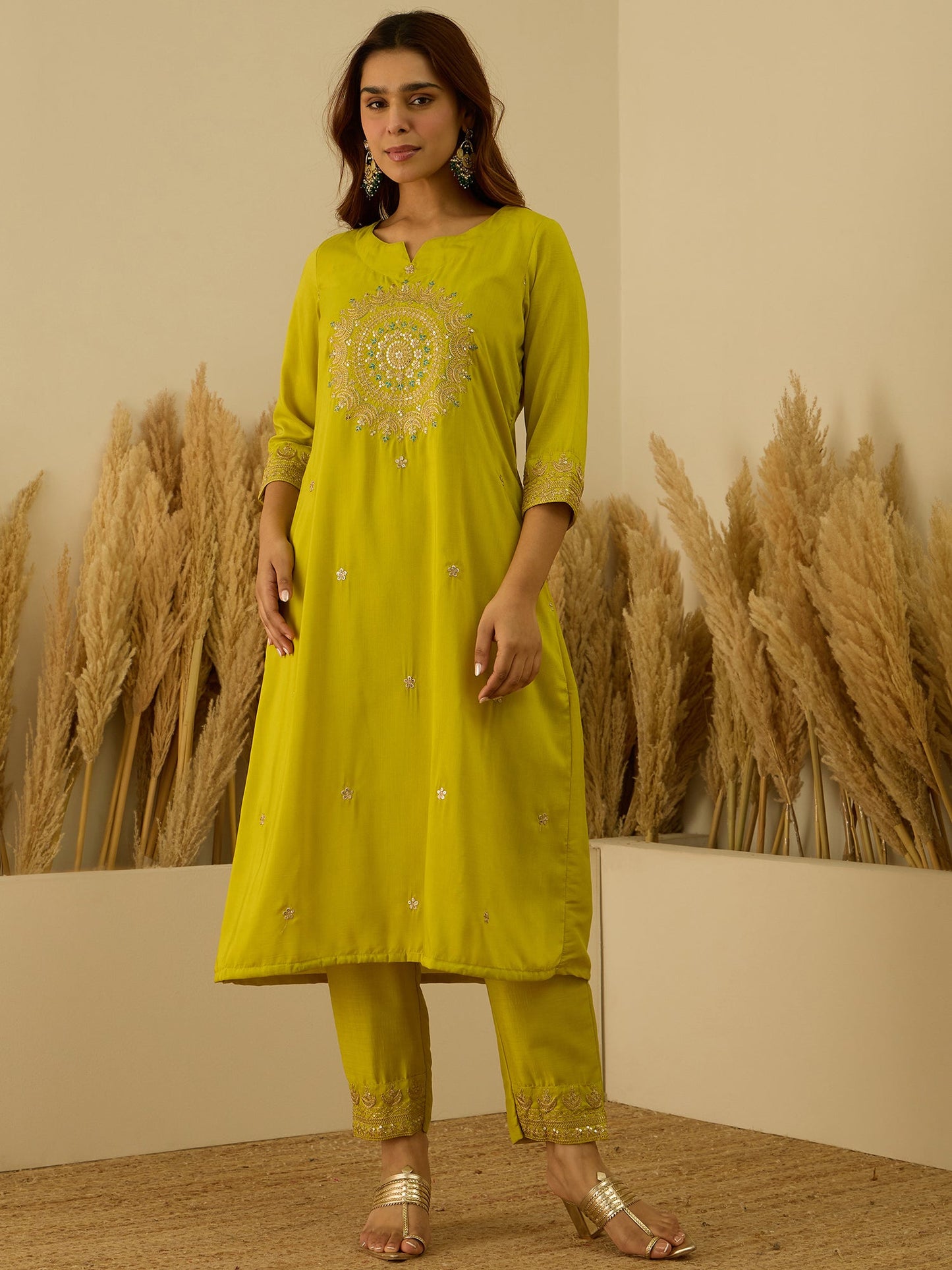 Dhiyona VV Myraa Lemon Women Kurta and Pant Dupatta Sets Chanderi Silk Fabrics with Embroidery