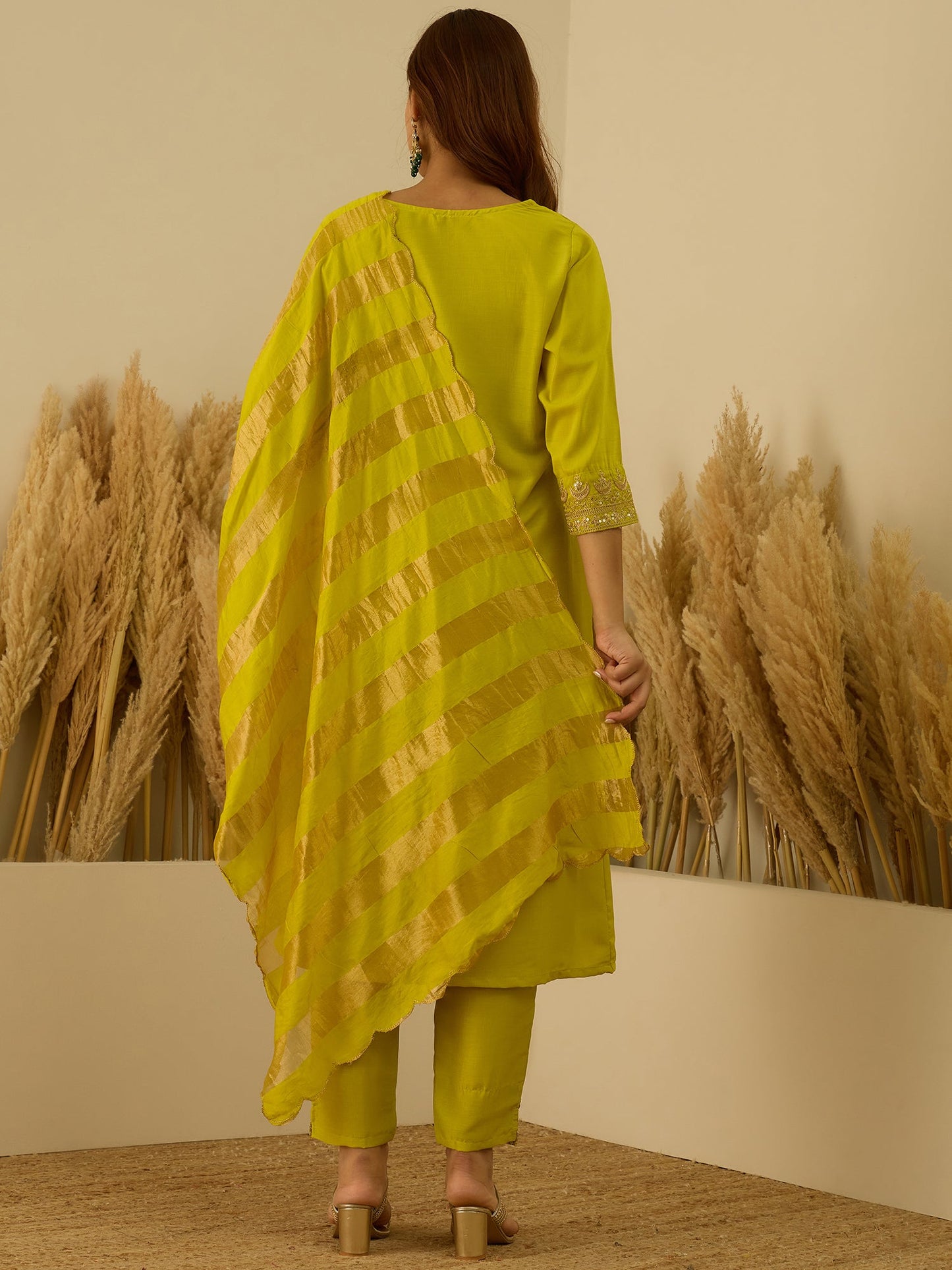 Dhiyona VV Myraa Lemon Women Kurta and Pant Dupatta Sets Chanderi Silk Fabrics with Embroidery