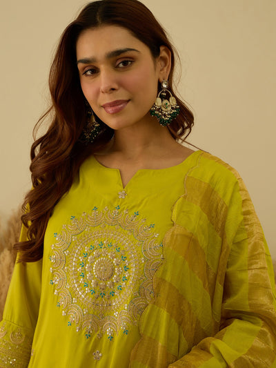 Indyancart VV Myraa Lemon Women Kurta and Pant Dupatta Sets Chanderi Silk Fabrics with Embroidery