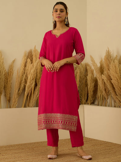 Indyancart VV Prakriti Pink Kurta and Pant Dupatta Sets Silk Blend Fabrics with Embroidery