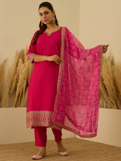 Indyancart VV Prakriti Pink Kurta and Pant Dupatta Sets Silk Blend Fabrics with Embroidery
