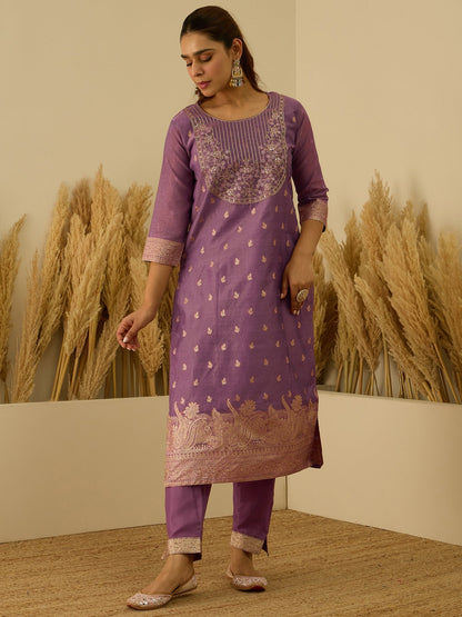 Dhiyona VV Purple Silk Blend Embroidered with Sequins Straight Kurta Set with Trousers & Dupatta
