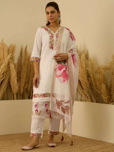 Indyancart VV Leela Handwork Cotton Straight Kurta With Trousers & Dupatta Sets
