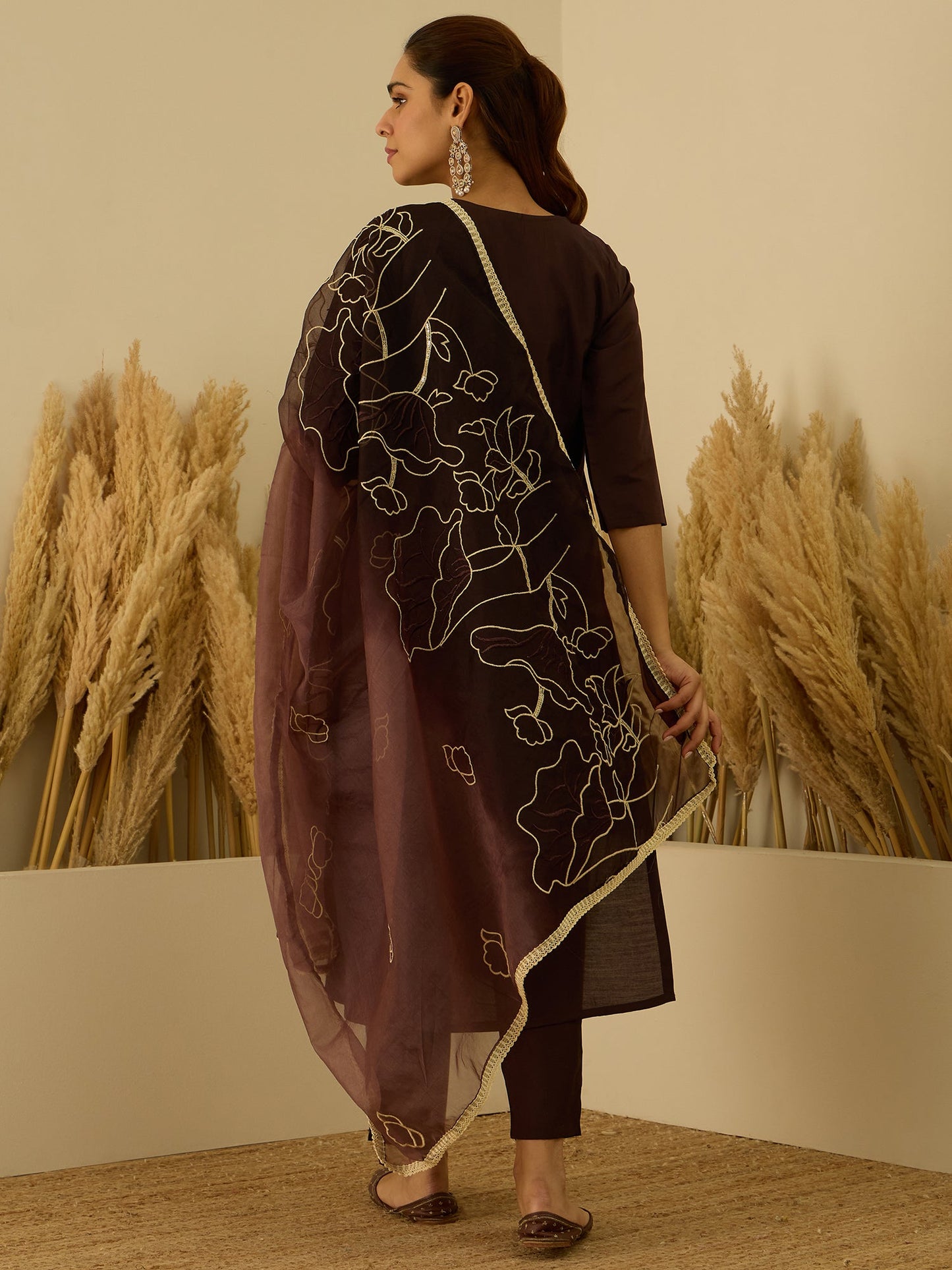 Dhiyona VV Coffee Silk Blend Embroidered with Sequins Straight Kurta Set with Trousers & Dupatta