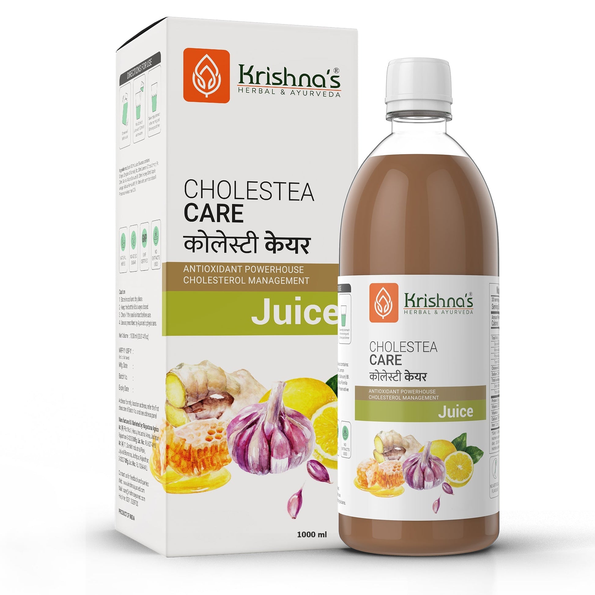 Krishna's Herbal & Ayurveda Cholestea Care Juice in a glass bottle, featuring fresh herbs and natural ingredients for cholesterol support.