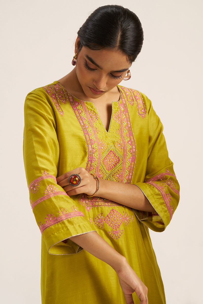 Women's Cress Green Chanderi Banjara Embroidery Co-ord Set