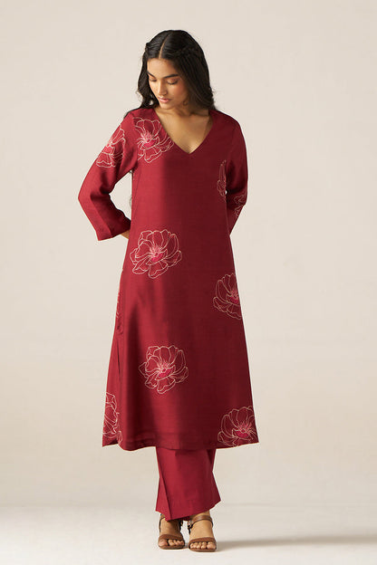 Women's Tibetan Red Flower Print Co-ord Set