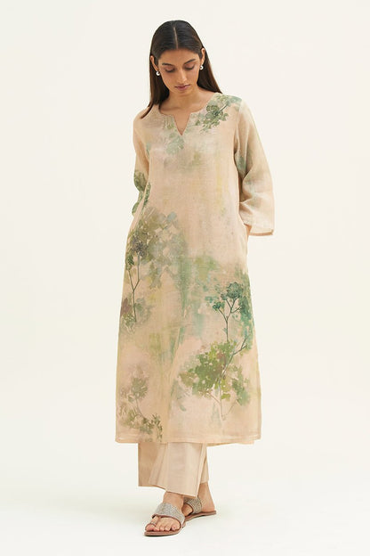 Women's Wheat Beige and Green Printed Linen Co-ord Set