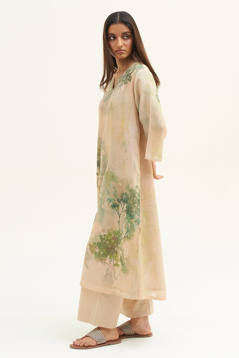 Women's Wheat Beige and Green Printed Linen Co-ord Set