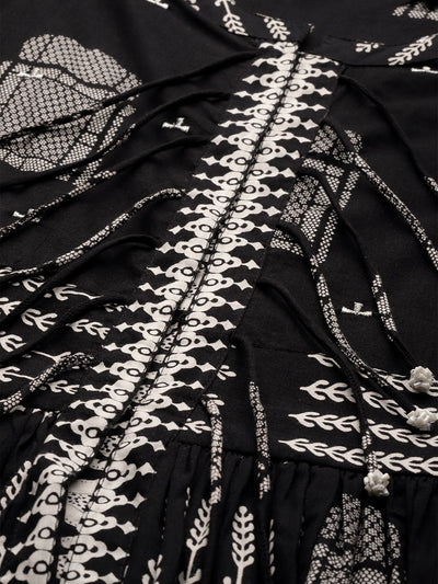 Indyancart SN Women's Black & White Ethnic Motifs Printed Pure Cotton Kurta with Sharara