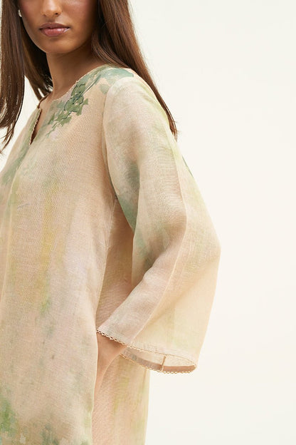 Women's Wheat Beige and Green Printed Linen Co-ord Set