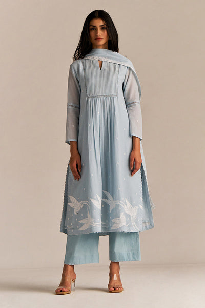 Indyancart GF Women's Powder Blue Mul-Mul Embroidered Kurta Set