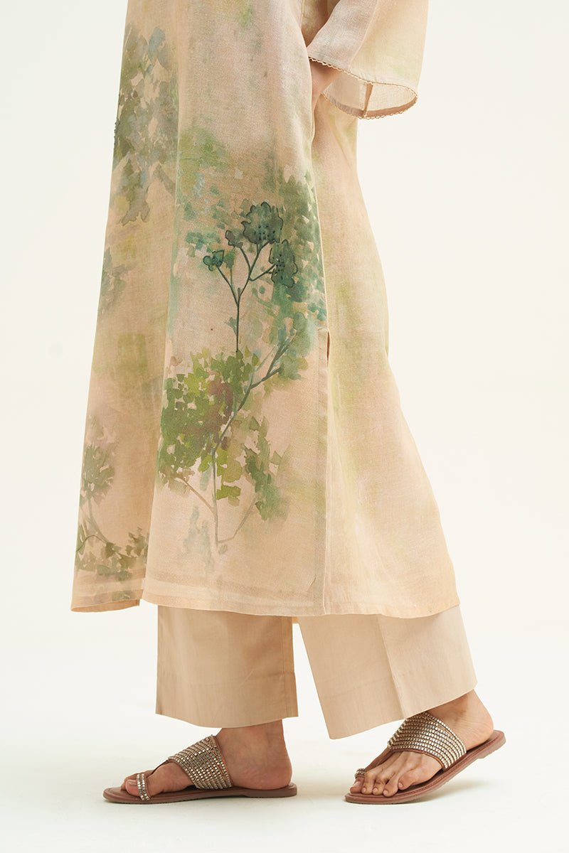 Women's Wheat Beige and Green Printed Linen Co-ord Set