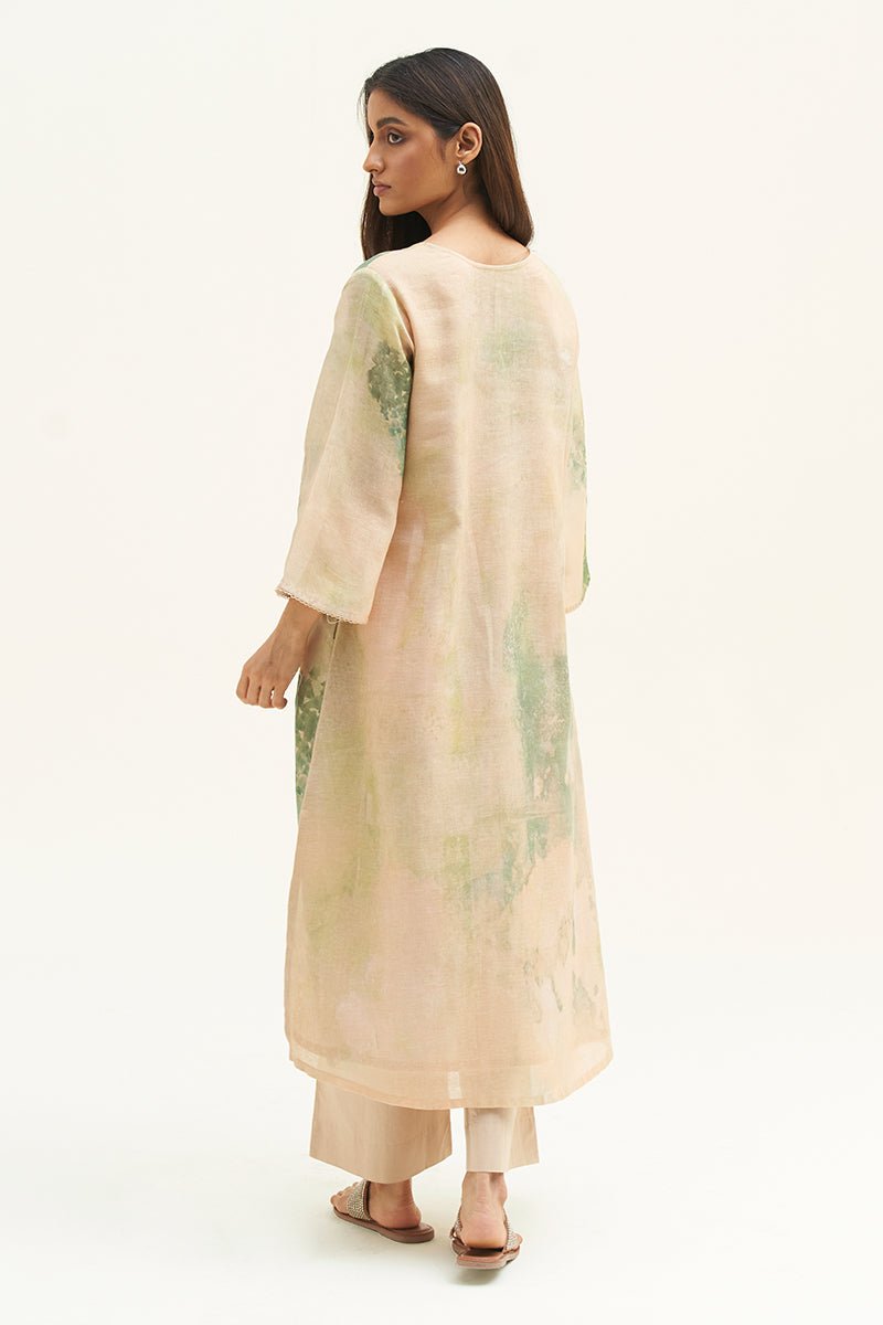 Women's Wheat Beige and Green Printed Linen Co-ord Set