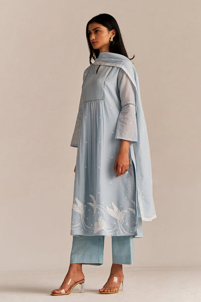 Indyancart GF Women's Powder Blue Mul-Mul Embroidered Kurta Set