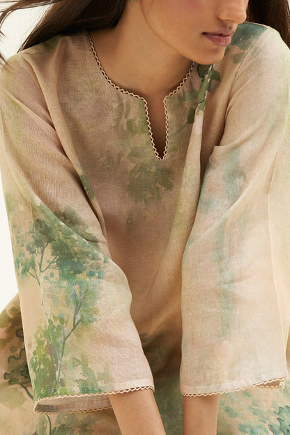 Women's Wheat Beige and Green Printed Linen Co-ord Set