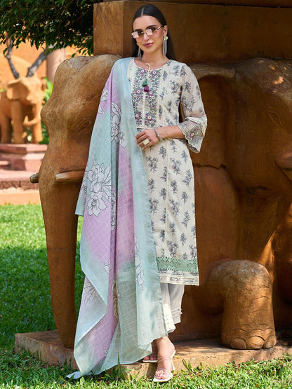 Indyancart IE Floral Printed Regular Thread Work Pure Cotton Kurta with Trousers & With Dupatta