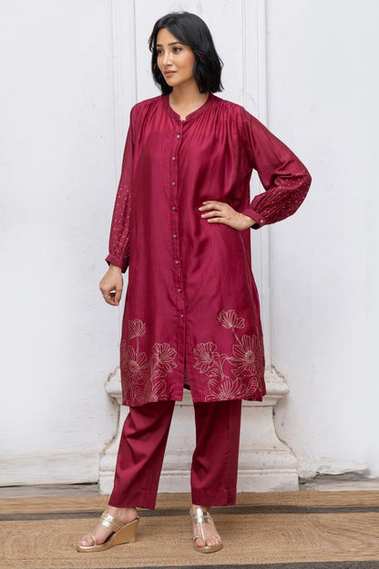 Women's Wine Gold Foil Print Bemberg Silk Festive Co-ord Set
