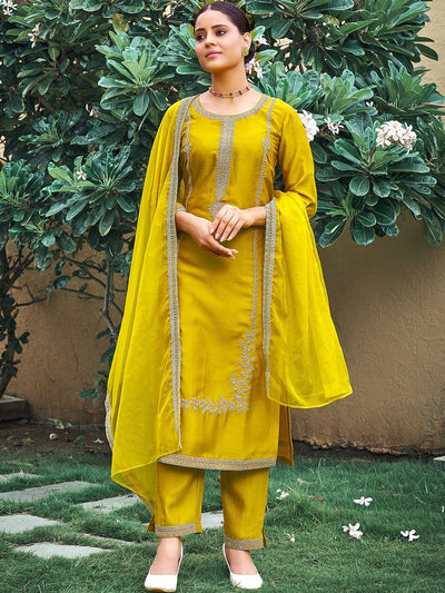 Indyancart IE Ethnic Motifs Embroidered Straight Kurta & Trouser With Dupatta