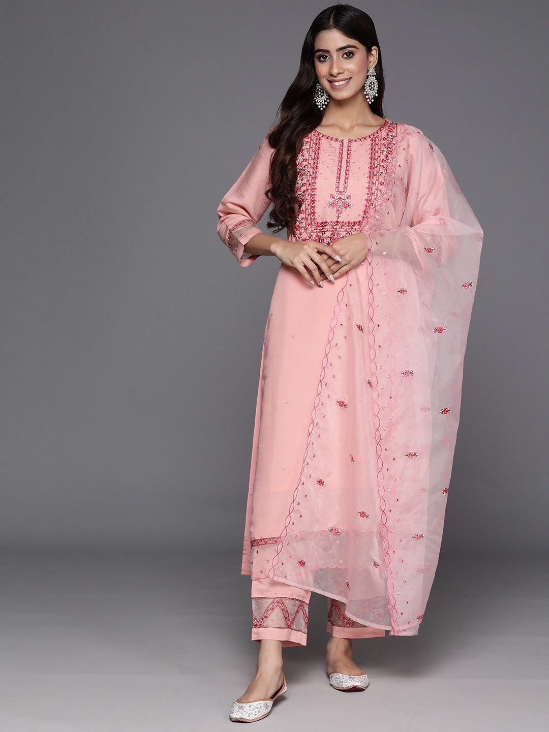 Dhiyona VA Women'sFloral Embroidered Regular Sequinned Kurta with Trousers & Dupatta