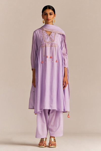 Indyancart GF Women's Pastel Lilac Mul-Mul Kurta Set